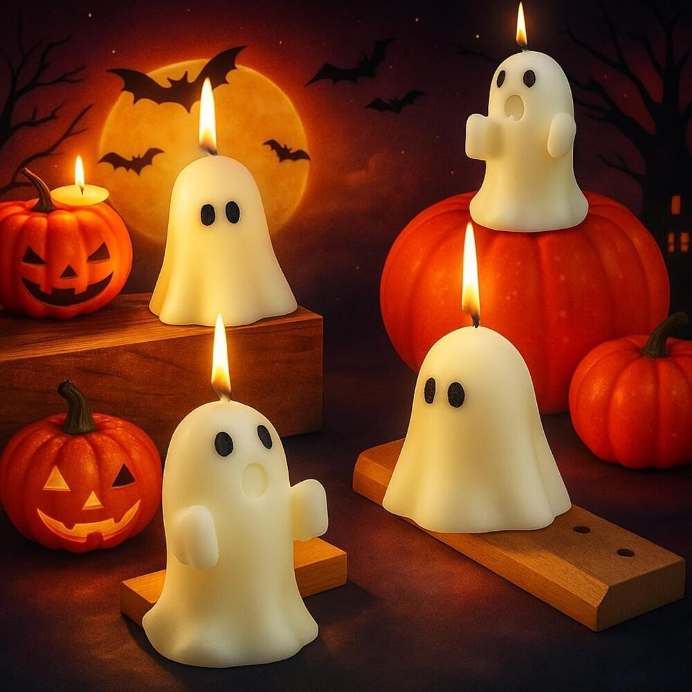 4 Pieces Large Halloween Ghost Candles Cute Spooky Fall Decor Burning White Scen